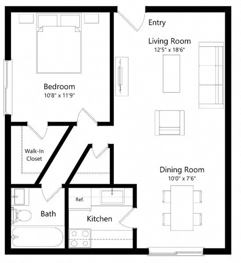 Floor plan for 1 bed, 1 bath, 645 sqft